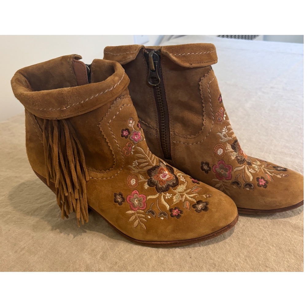 Sam Edelman Women Tan Suede Embroidered Fringe Ankle Boots Size 7.5 Western